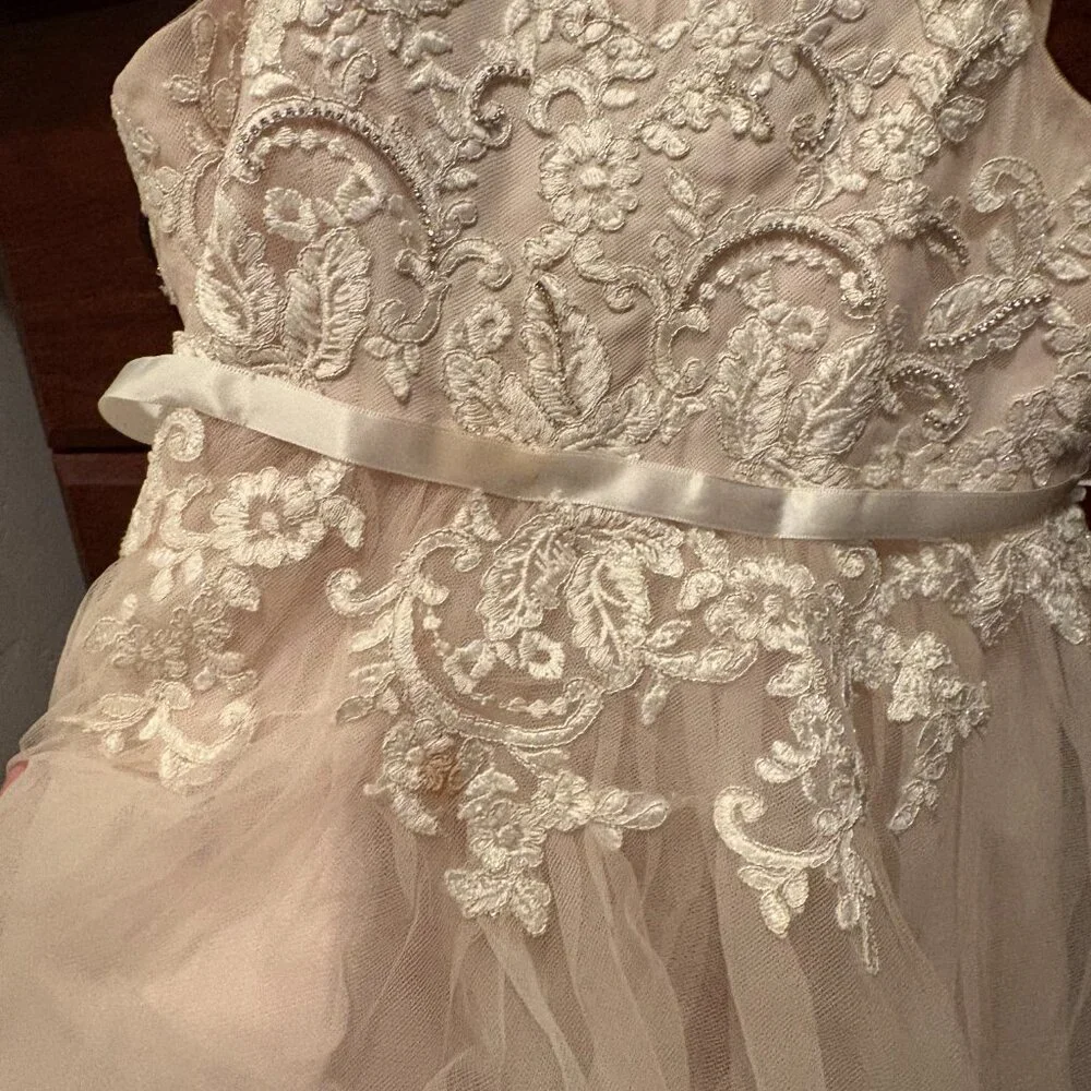 David's Bridal Girls' Ivory Lace & Tulle Formal Dress - Picture 2 of 5
